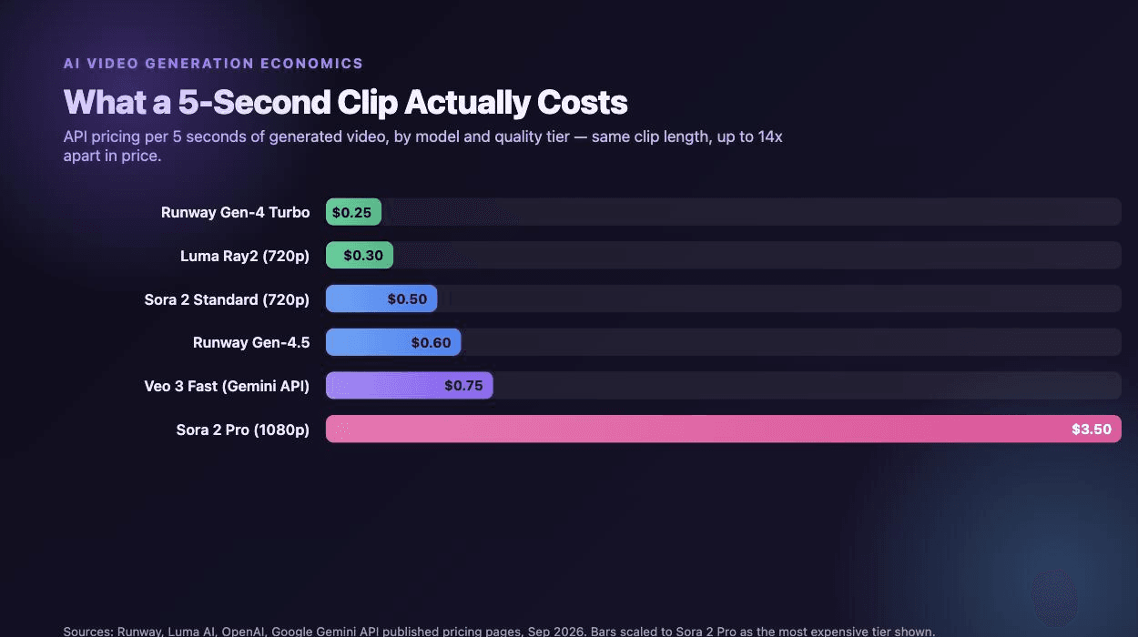 Bar chart comparing the API cost of a 5-second AI video clip across Runway Gen-4 Turbo ($0.25), Luma Ray2 720p ($0.30), Sora 2 Standard 720p ($0.50), Runway Gen-4.5 ($0.60), Veo 3 Fast ($0.75), and Sora 2 Pro 1080p ($3.50)